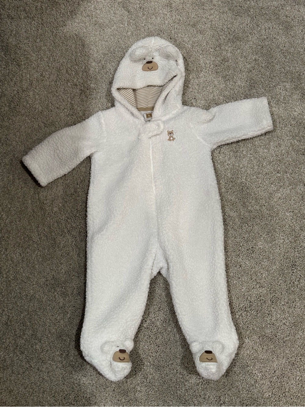 Carter's Cream Plush Bear Hooded Footed One-Piece 6 months